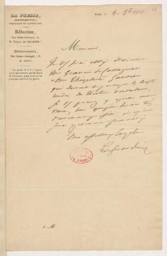 Lettres de Emile de Girardin et de Théophile Gautier à Claude Ernest-Henry Rouy