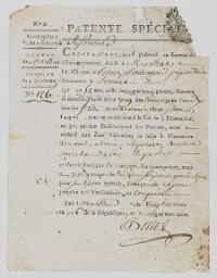 Patente spéciale délivrée par le bureau de l'enregistrement à Matha de Louis Besnard pour faire commerce de vin, eau-de-vie, liqueurs, etc