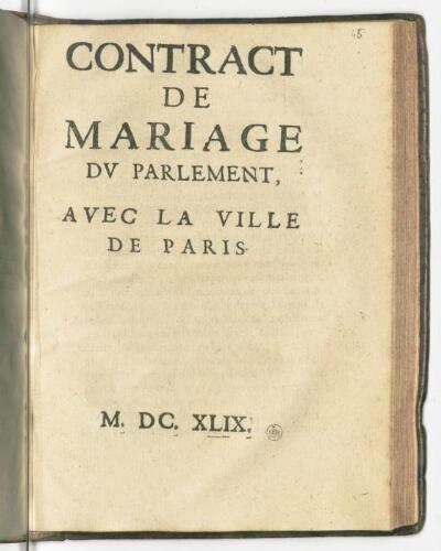 Contract de mariage du Parlement, avec la ville de Paris.