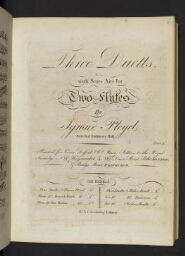 Three duetts with Scots airs for two flutes by Ignace Pleyel. Enter'd at Stationers Hall