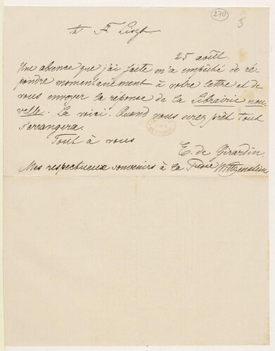 Copie d'une lettre de Emile de Girardin à Marie Lipsius