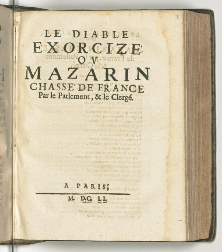 Le diable exorcizé ou Mazarin chassé de France par le Parlement, & le Clergé.