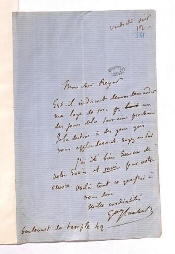 Lettre de Gustave Flaubert à Ernest Reyer