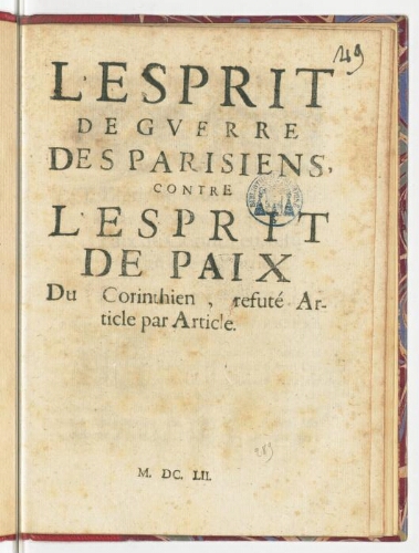 L'esprit de guerre des Parisiens, contre l'esprit de paix du Corinthien, refuté article par article.