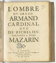 L'ombre du grand Armand cardinal duc de Richelieu, parlante a Jules Mazarin.