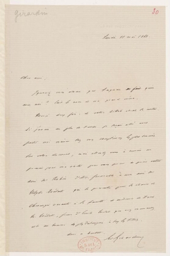 Lettre de Emile de Girardin à Sainte-Beuve après son discours au Sénat dans la discussion de la loi sur la presse le 7 mai 1868