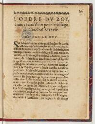 L'ordre du Roy, envoyé aux villes pour le passage du cardinal Mazarin
