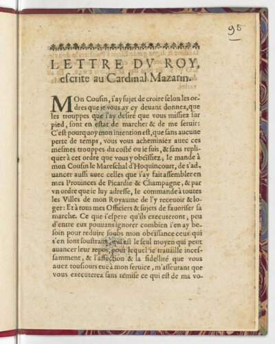 Lettre du Roy escrite au cardinal Mazarin.