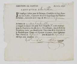 Reçu pour l'année 1750 de quatorze livres huit sols au titre de la capitation de la noblesse pour l'élection de Saintes