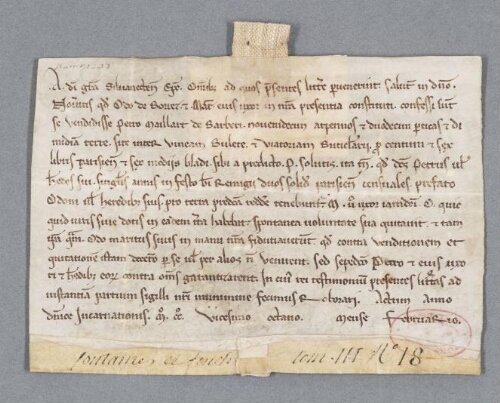 Charte d'Adam, évêque de Senlis contenant vente par Eudes de Borest à Pierre Maillart de Barbery