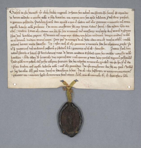 Charte de Geoffroy, évêque de Senlis, contenant double acquisition par les religieux de Chaalis auprès d'Alexandre de Baron et de Bartholomee maire de Baron et sa femme Asceline