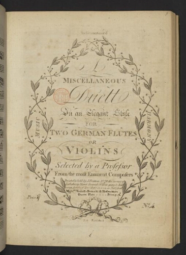 A miscellaneous duett in an elegant style for two german flûtes or violins selected by a professor from the most eminent composers