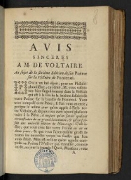 Avis sinceres à M. de Voltaire. Au sujet de la sixiéme edition de son poëme sur la victoire de Fontenoi.
