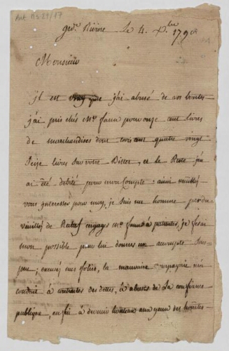 Lettre de Rochette ainé à Lafuge, notaire à Jérémie, concernant sa situation financière et morale