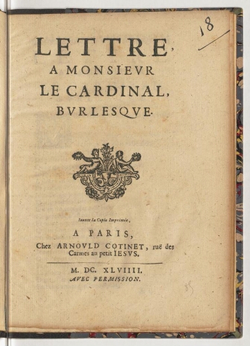 Lettre, a monsieur le Cardinal, burlesque.