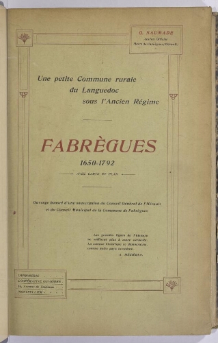 Une petite commune rurale du Languedoc sous l'Ancien régime : Fabrègues, 1650-1792
