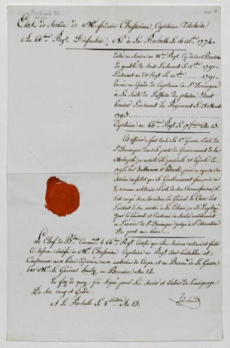 État de service du capitaine Victor-Frédéric Chasseriaux, signé Béchaud, notamment lors des guerres de Saint-Domingue