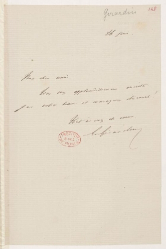 Lettre de Emile de Girardin adressée à Sainte-Beuve à l'occasion de son intervention au Sénat dans la délibération sur une pétition relative aux bibliothèques populaires de Saint-Étienne (25 juin 1867). Affaire Lacaze