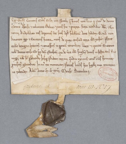 Charte de Guillaume Cornu de Fontaine contenant vente de trois arpents de terre situés devant sa haye(?) à Fourcheret par Pierre de Dammartin aux religieux de Chaalis