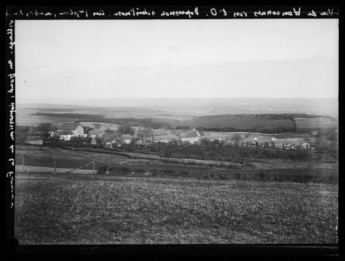 Vue de Wancennes vers l’Ouest, dépression schisteuse, au premier plan maisons de village, au fond dépression de la Famenne