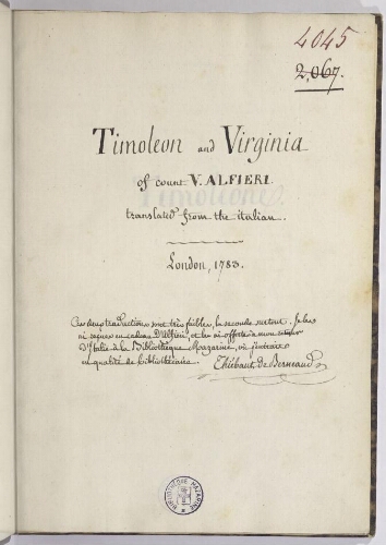 Timoleon and Virginia of count V. Alfieri translated from the Italian. London, 1783.
