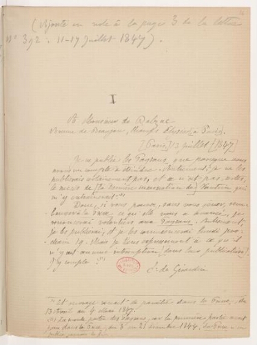 Lettre de Emile de Girardin à Balzac avec la réponse. 13-14 juillet 1847