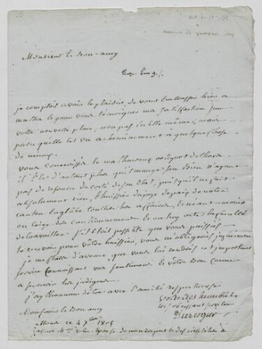 Lettre de félicitation à Louis Besnard pour sa nomination comme juge de paix du canton de Saint-Hilaire avec recommandation pour le choix d'un huissier