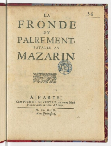 La Fronde du Palrement [sic], fatalle au Mazarin.