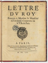 Lettre du Roy. Envoyée à monseigneur le mareschal de Lhospital, gouverneur de la ville de Paris.