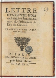 Lettre d'un gentil-homme italien à un François, son amy, sur l'enlevement du Roy tres-chrestien. Traduitte par P. D. P. sieur de Carigny.
