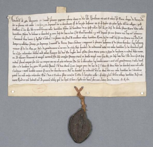 Charte de Geoffroy, évêque de Senlis contenant donation par Marie Conserge (?) de Baron de les religieux de Chaalis