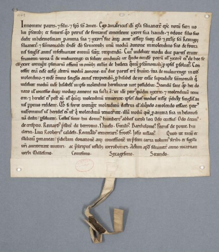 Charte d'Amaury, évêque de Senlis, contenant donation faite par Pierre de Fontaine aux religieuses de Saint-Rémi de deux muids de grains de blé sur le moulin de Fontaine