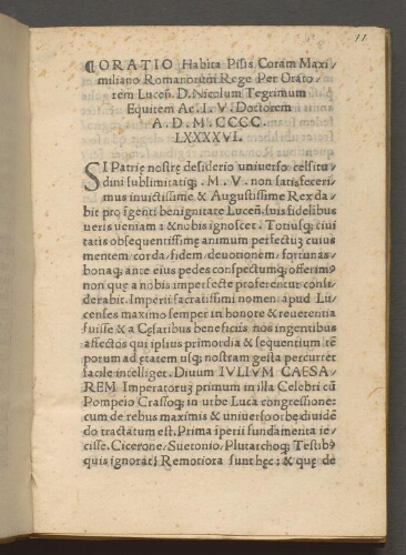 Oratio habita Pisis coram Maximiliano Romanorum rege per oratorem Luceñ. d. Nicolum [sic] Tegrimum equitem ac j. u. doctorem a. d. M. CCCC. LXXXXVI.