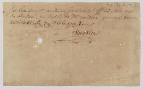 Quatre reçus au nom de Joubert (Joubert la Baume pour deux d'entre eux), signés Saupin, Cassare (?) et Lafitte de Siesta (?)