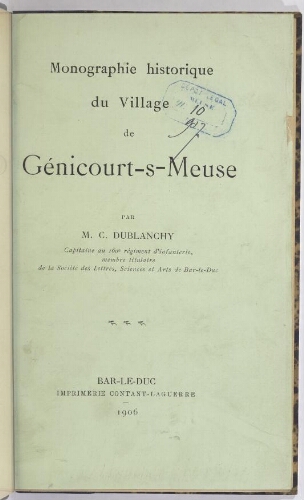 Monographie historique du village de Génicourt-sur-Meuse