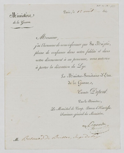 Imprimé du ministère de la guerre complété manuscritement autorisant Louis Besnard à porter la décoration du Lys