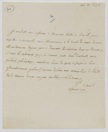Billet autographe de Gilbert Du Motier, marquis de La Fayette, pour renouveler son abonnement à la Société des Amis des Noirs (5 février 1791)