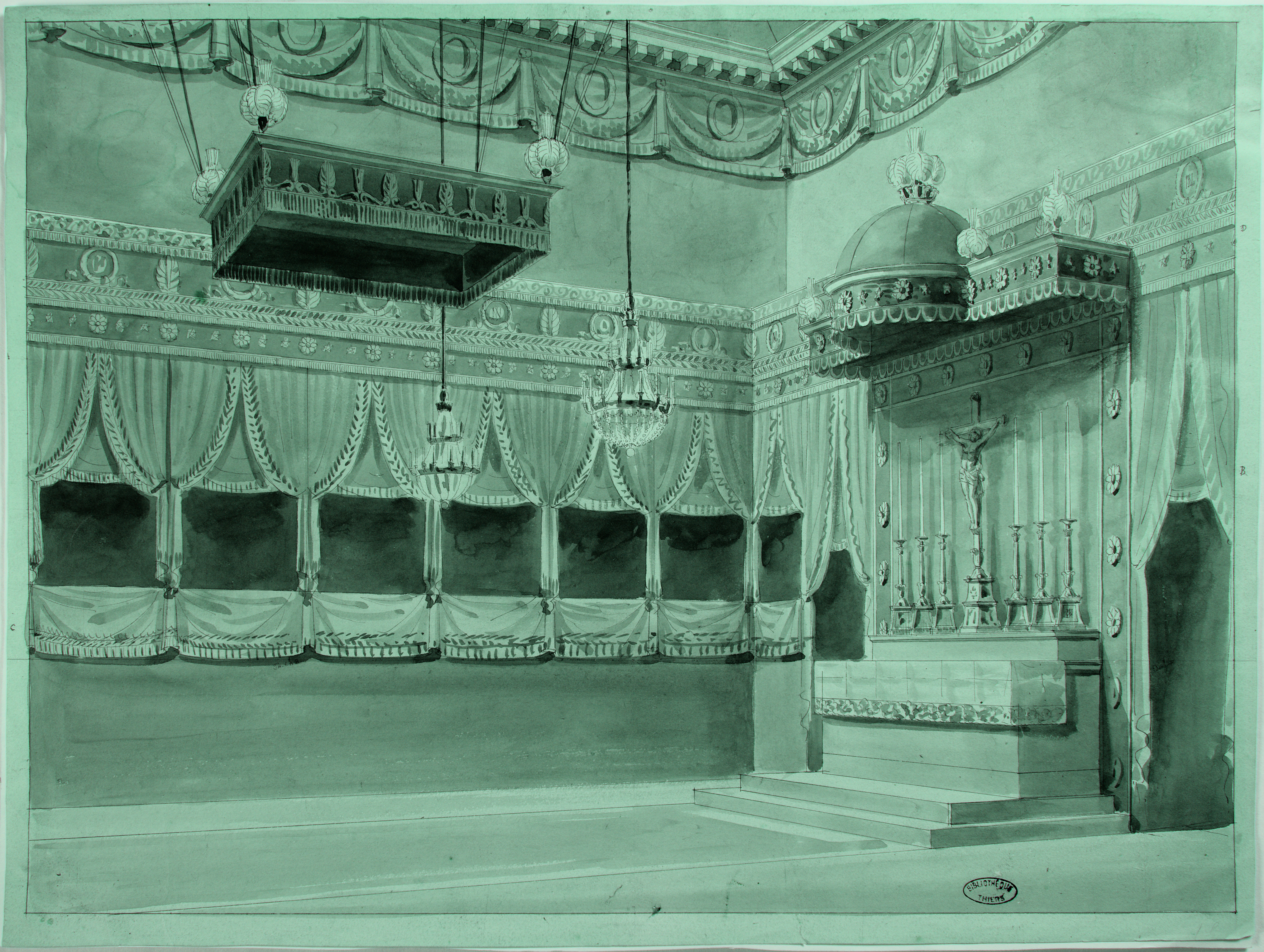 Étude attribuée à Jean-Baptiste Isabey pour le décor de la chapelle éphémère installée dans le Salon Carré du palais du Louvre pour le mariage de Napoléon et de Marie-Louise, le 2 avril 1810